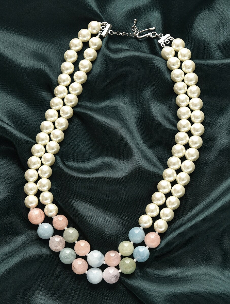 Double Line Aquamarine and Pearl Necklace