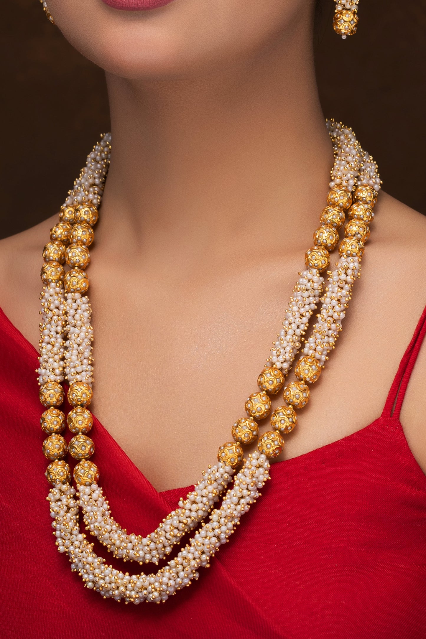 TRADITIONAL PEARL DOUBLE LINE NECKLACE WITH EARRINGS