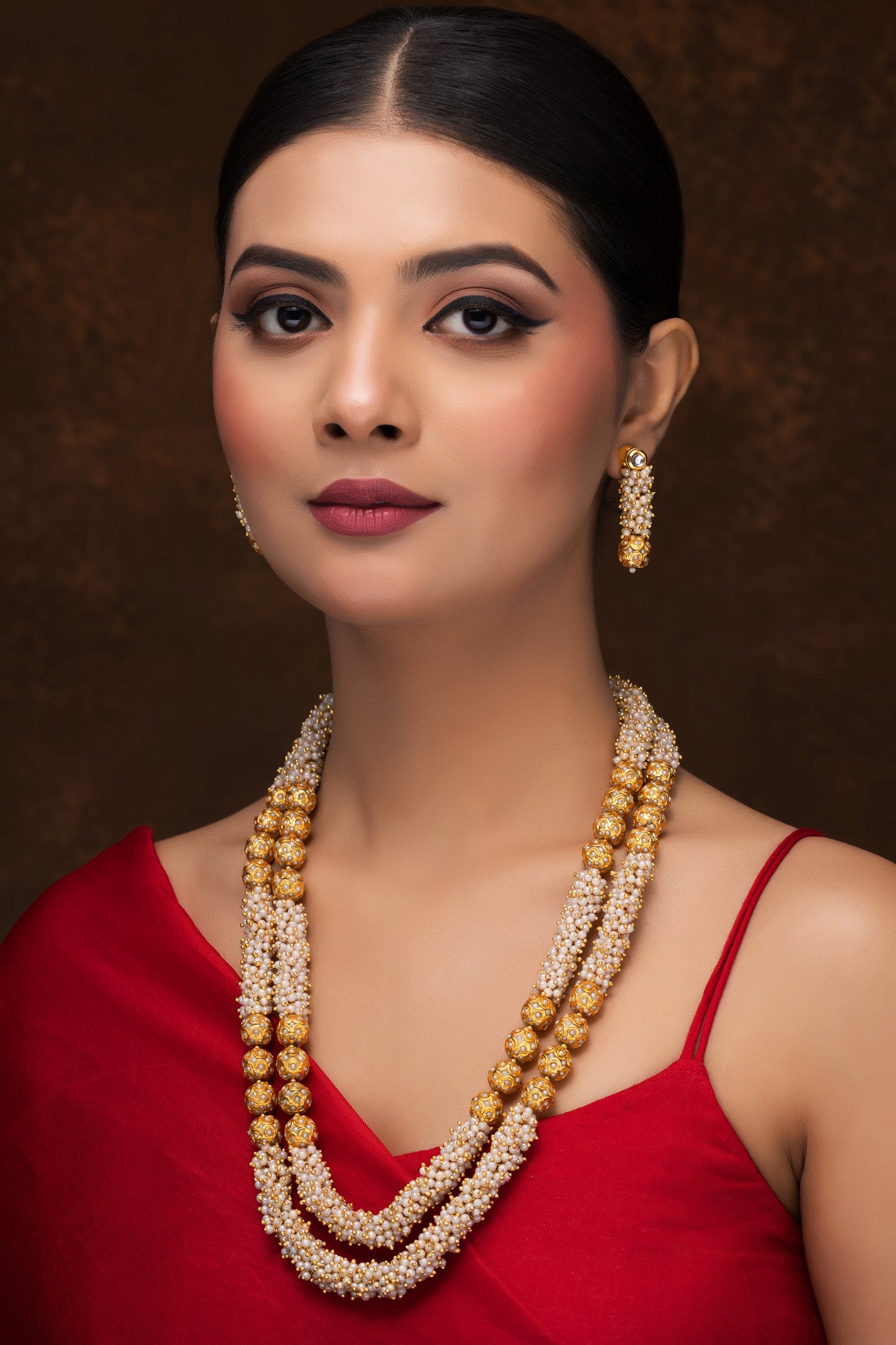 TRADITIONAL PEARL DOUBLE LINE NECKLACE WITH EARRINGS