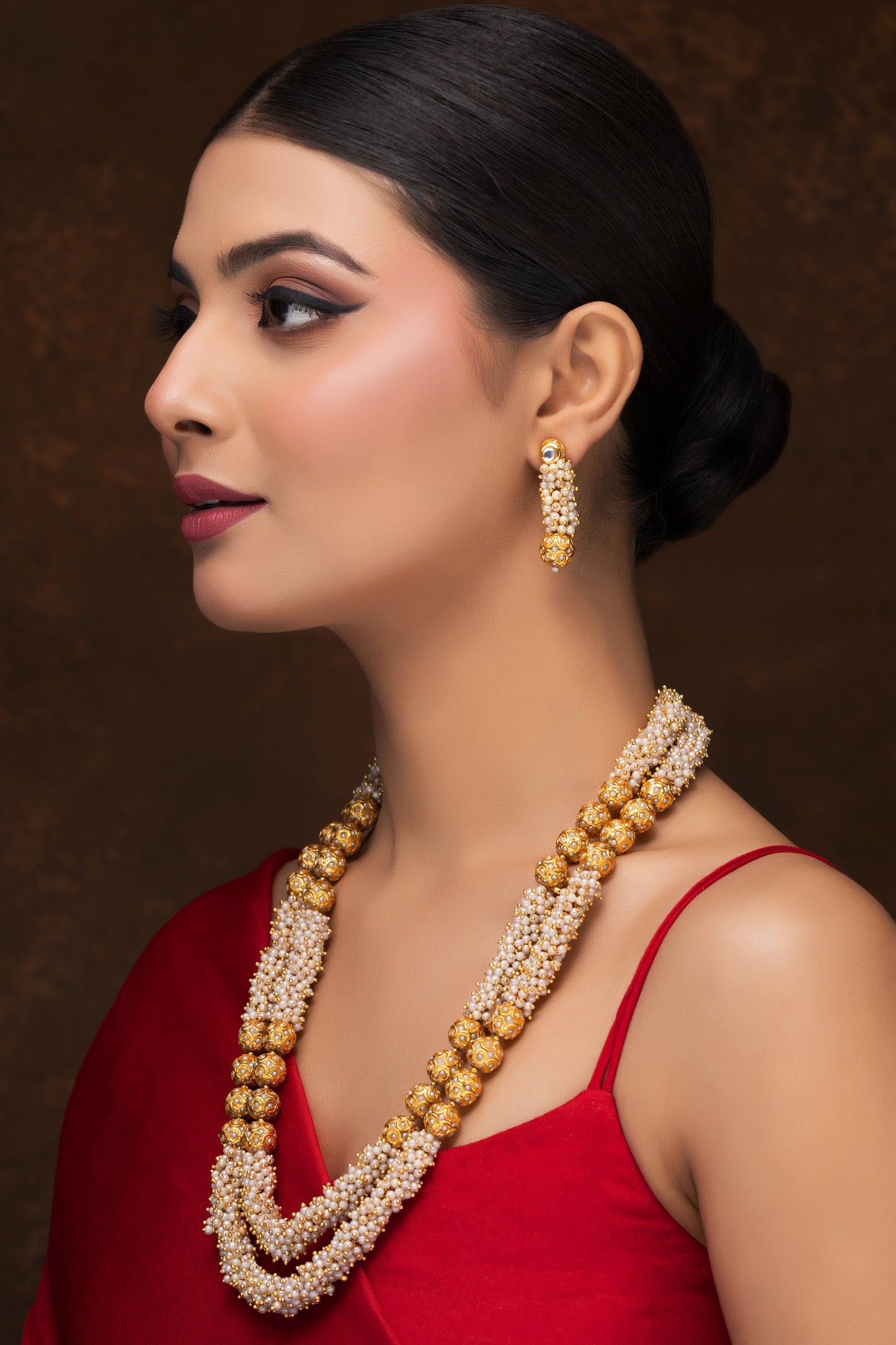 TRADITIONAL PEARL DOUBLE LINE NECKLACE WITH EARRINGS