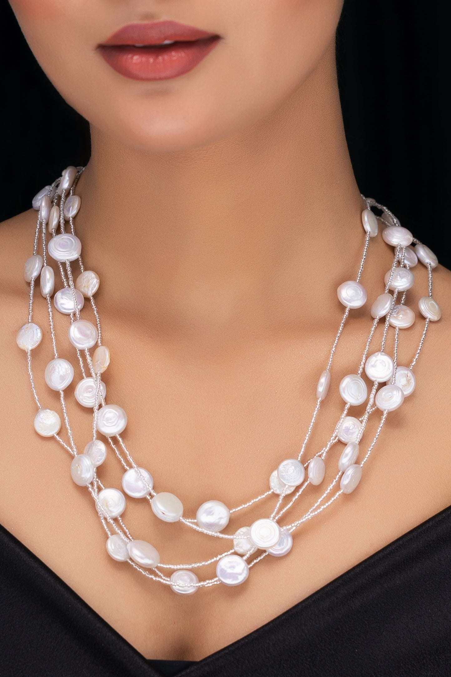 FRESH WATER PEARL MULTI LAYERED SILVER NECKLACE