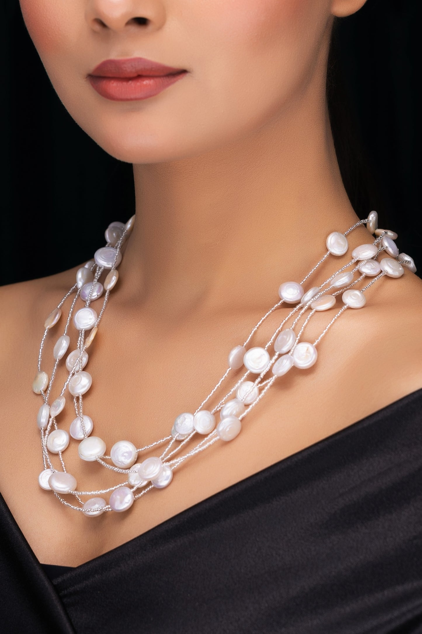 FRESH WATER PEARL MULTI LAYERED SILVER NECKLACE