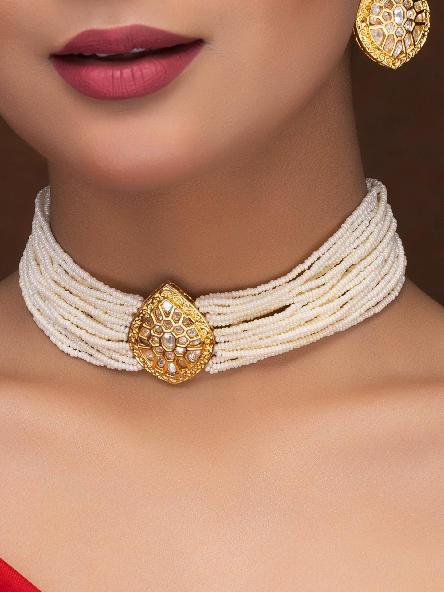 POLKI AND PEARL CHOKER WITH EARRING