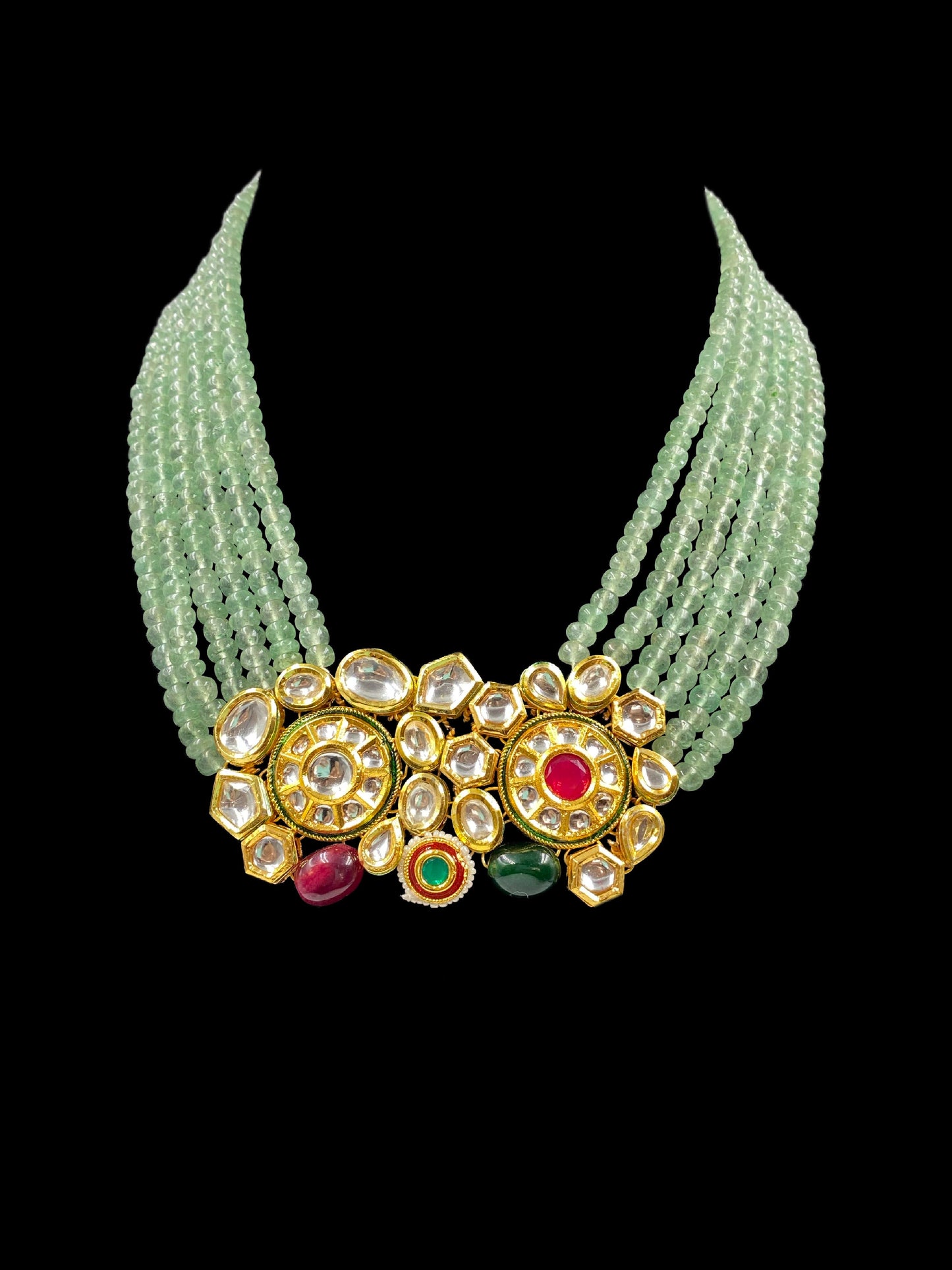 KUNDAN NECKLACE WITH GREEN STRAWBERRY BEADS AND EARRINGS