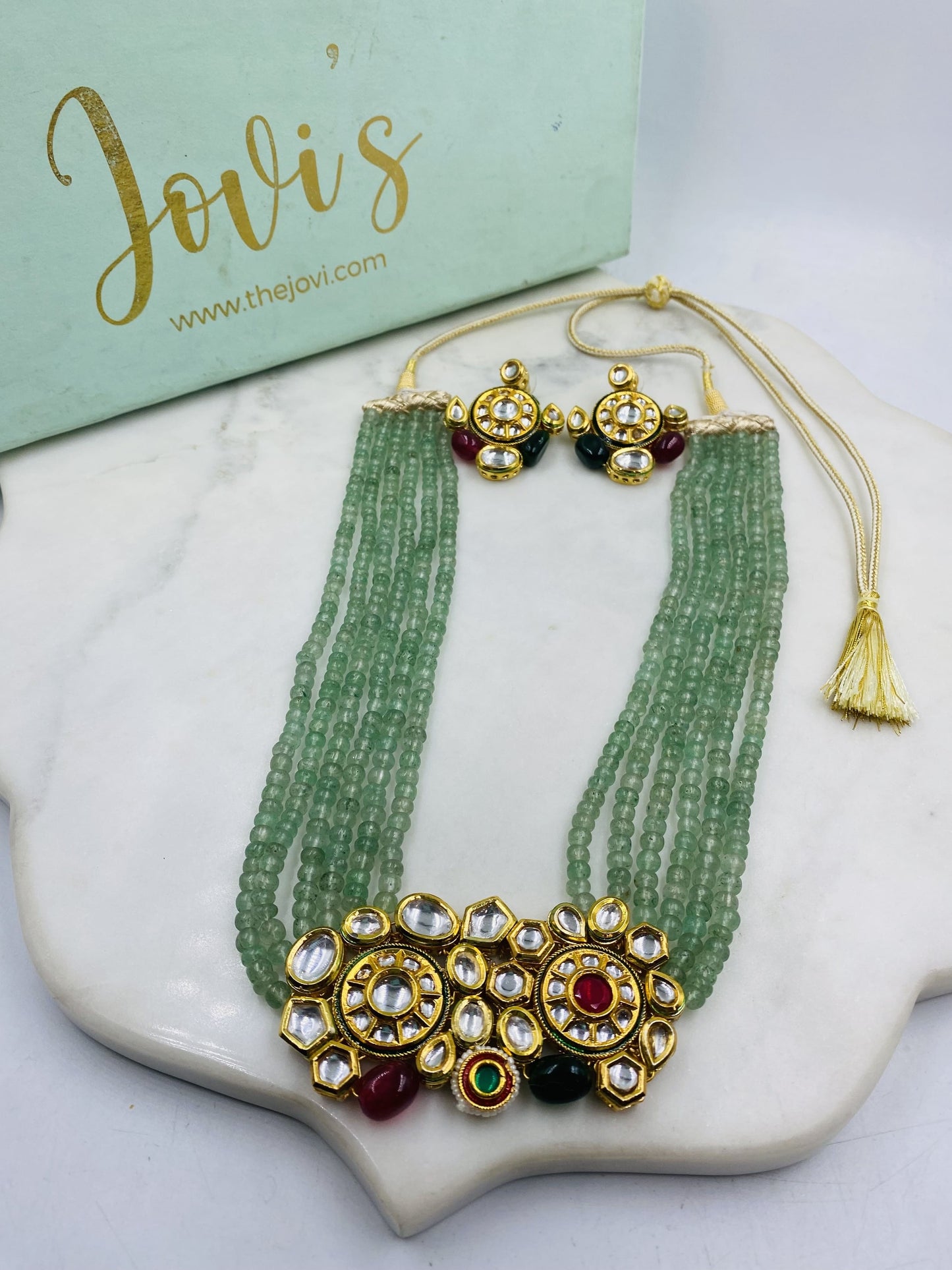 KUNDAN NECKLACE WITH GREEN STRAWBERRY BEADS AND EARRINGS