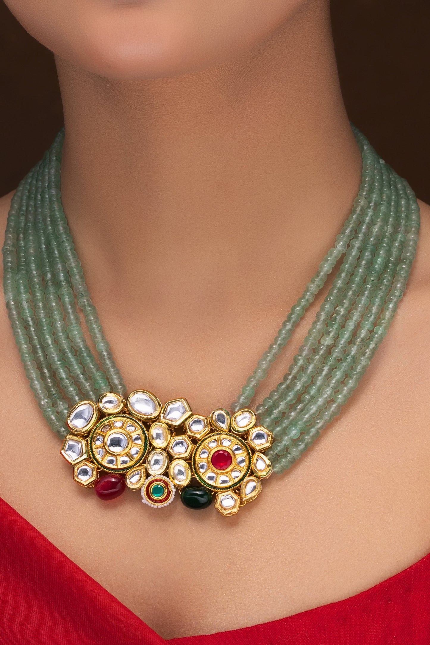 KUNDAN NECKLACE WITH GREEN STRAWBERRY BEADS AND EARRINGS