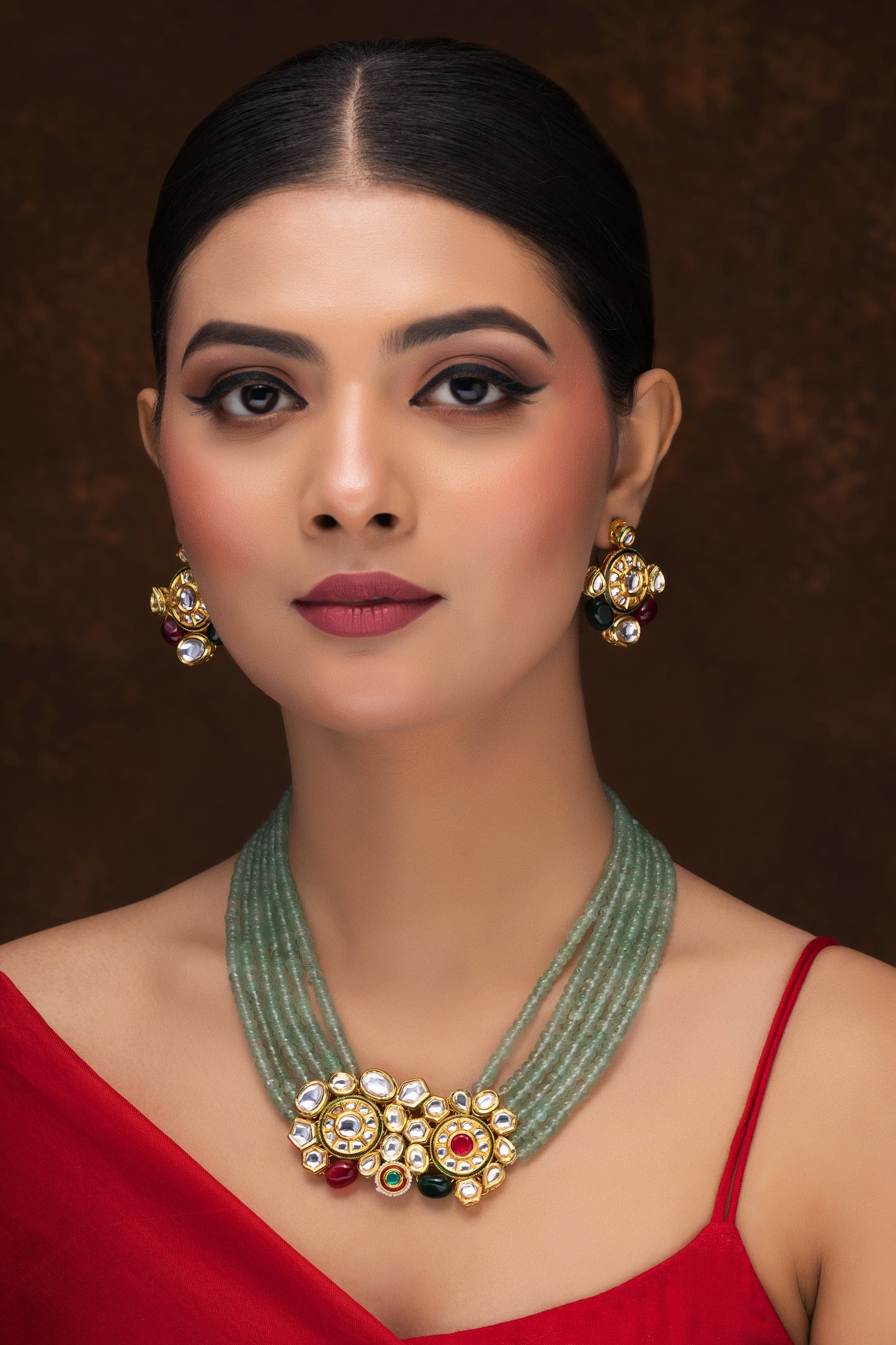 KUNDAN NECKLACE WITH GREEN STRAWBERRY BEADS AND EARRINGS