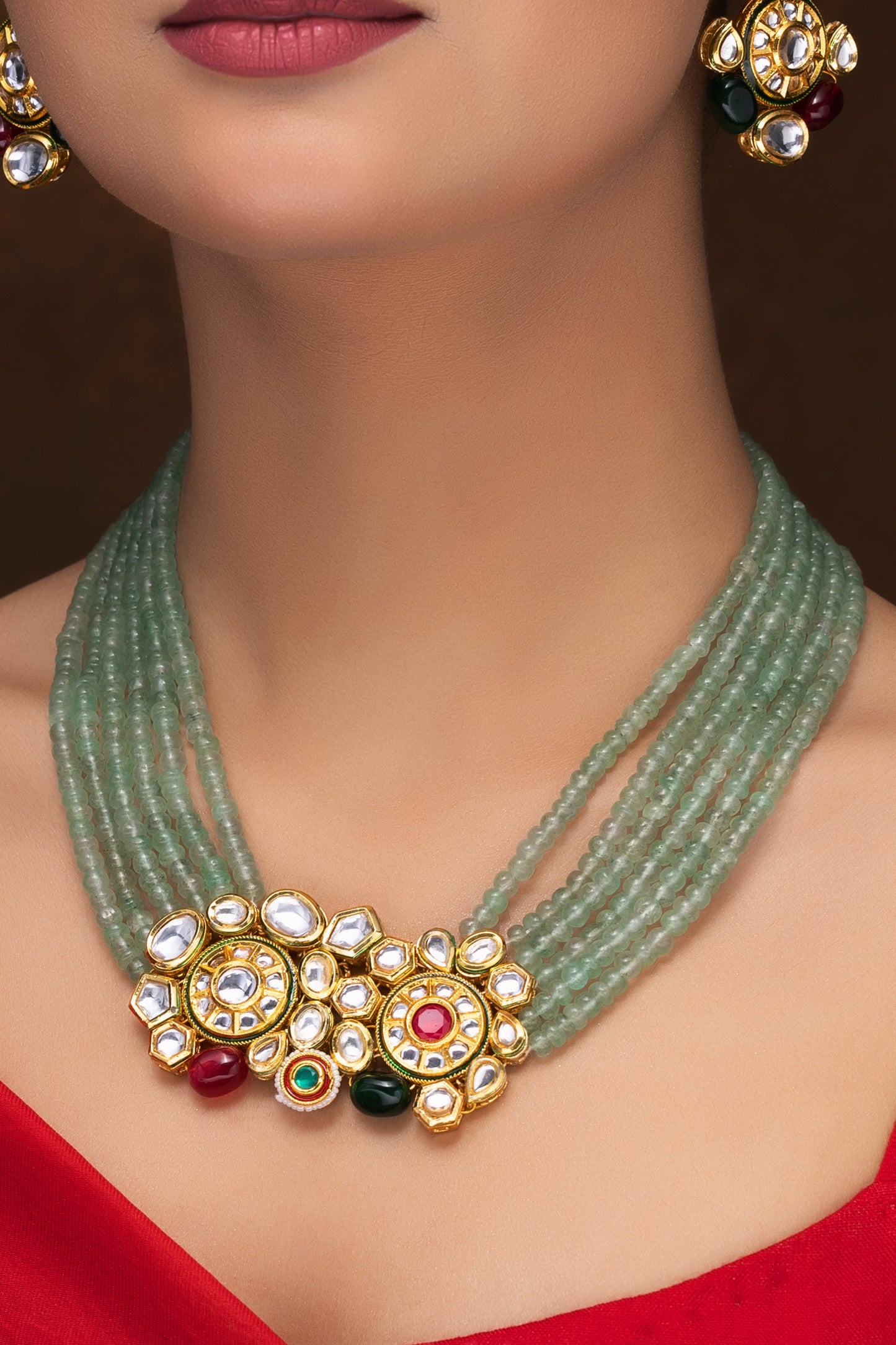 KUNDAN NECKLACE WITH GREEN STRAWBERRY BEADS AND EARRINGS