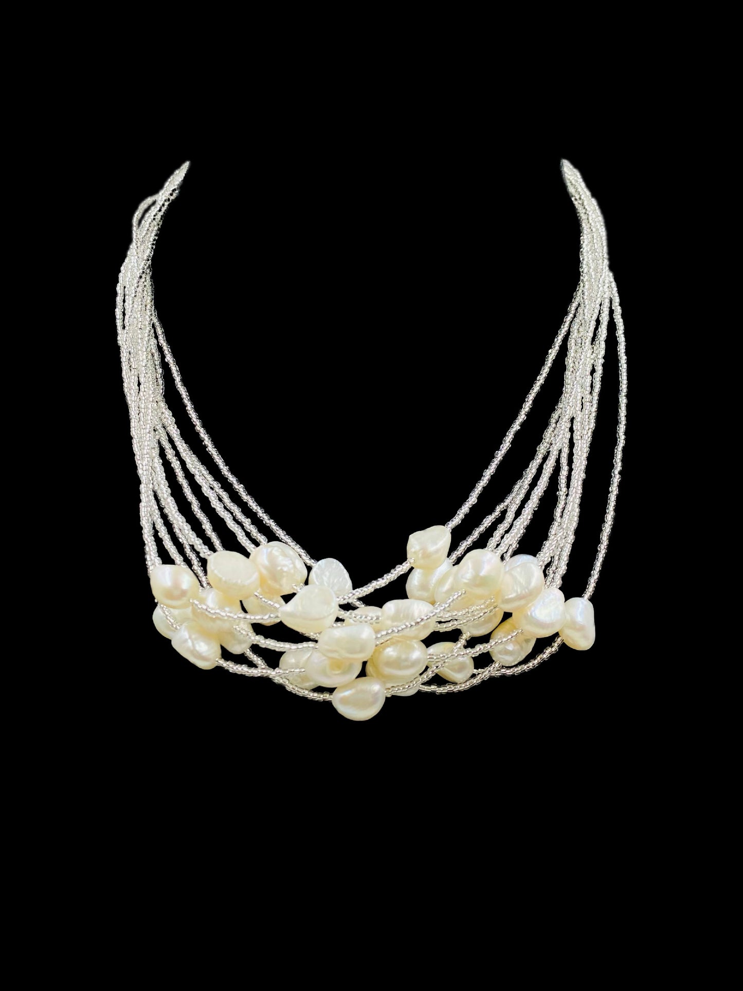 MULTILAYERED FRESHWATER PEARL SILVER NECKLACE