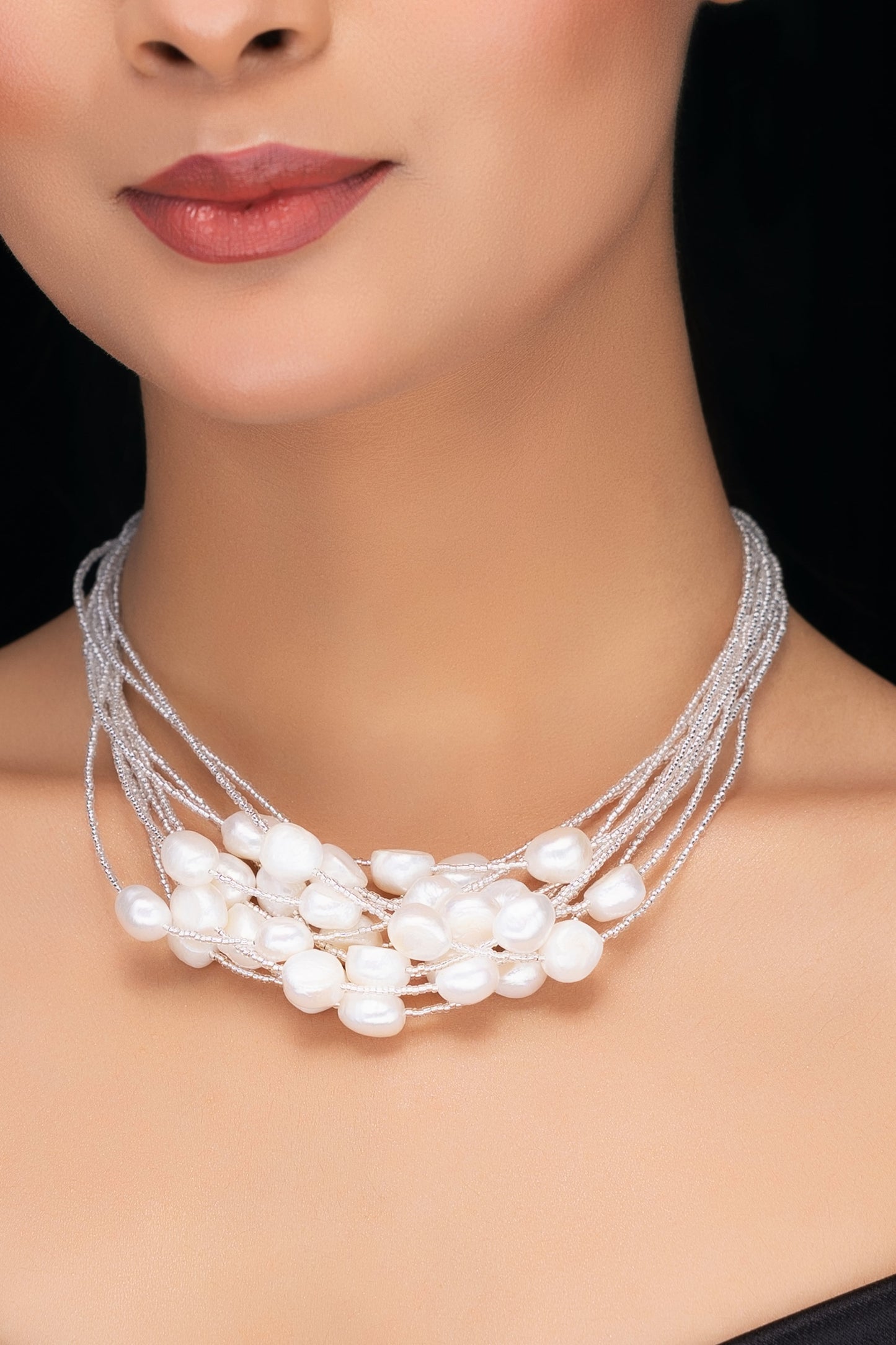 MULTILAYERED FRESHWATER PEARL SILVER NECKLACE