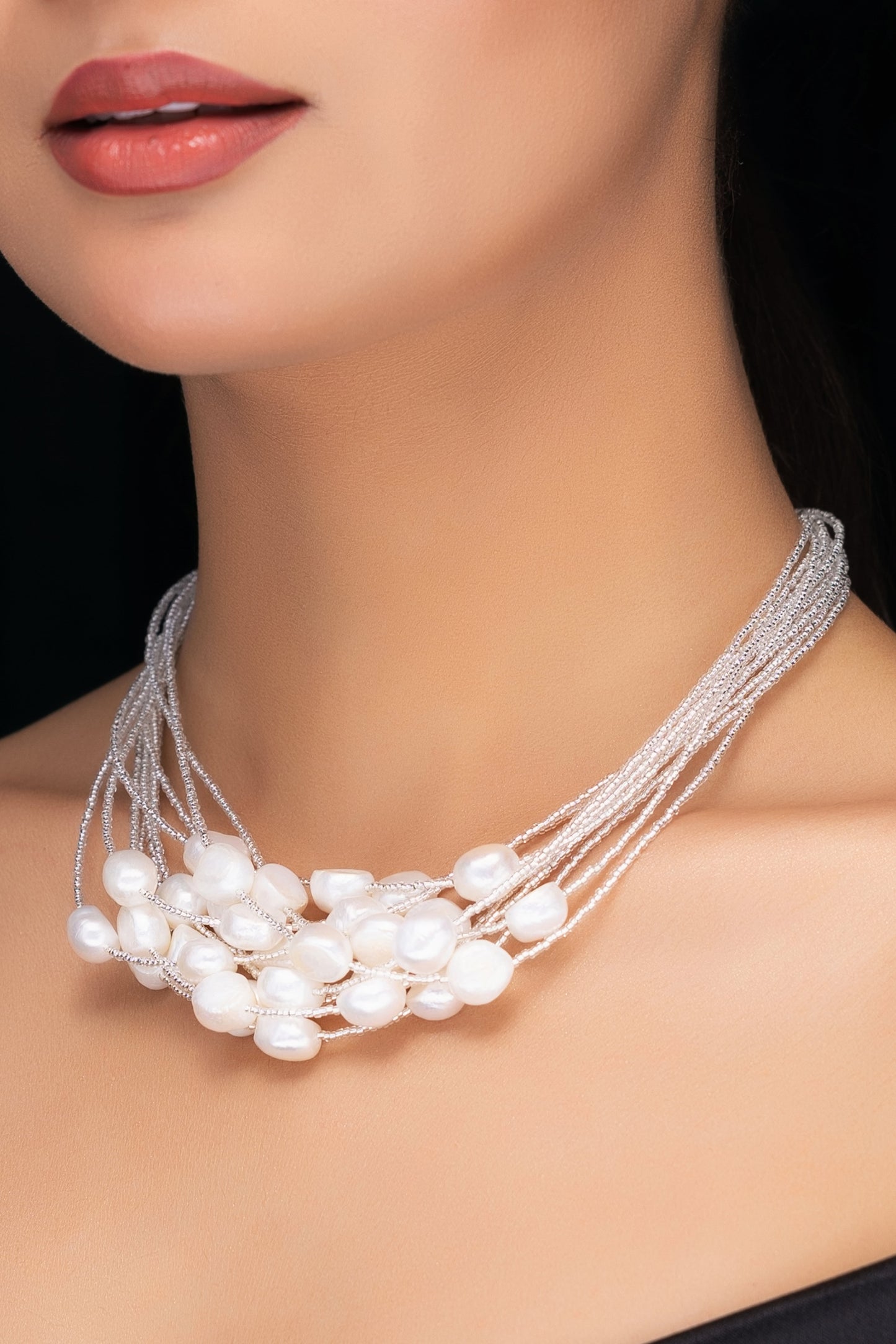 MULTILAYERED FRESHWATER PEARL SILVER NECKLACE