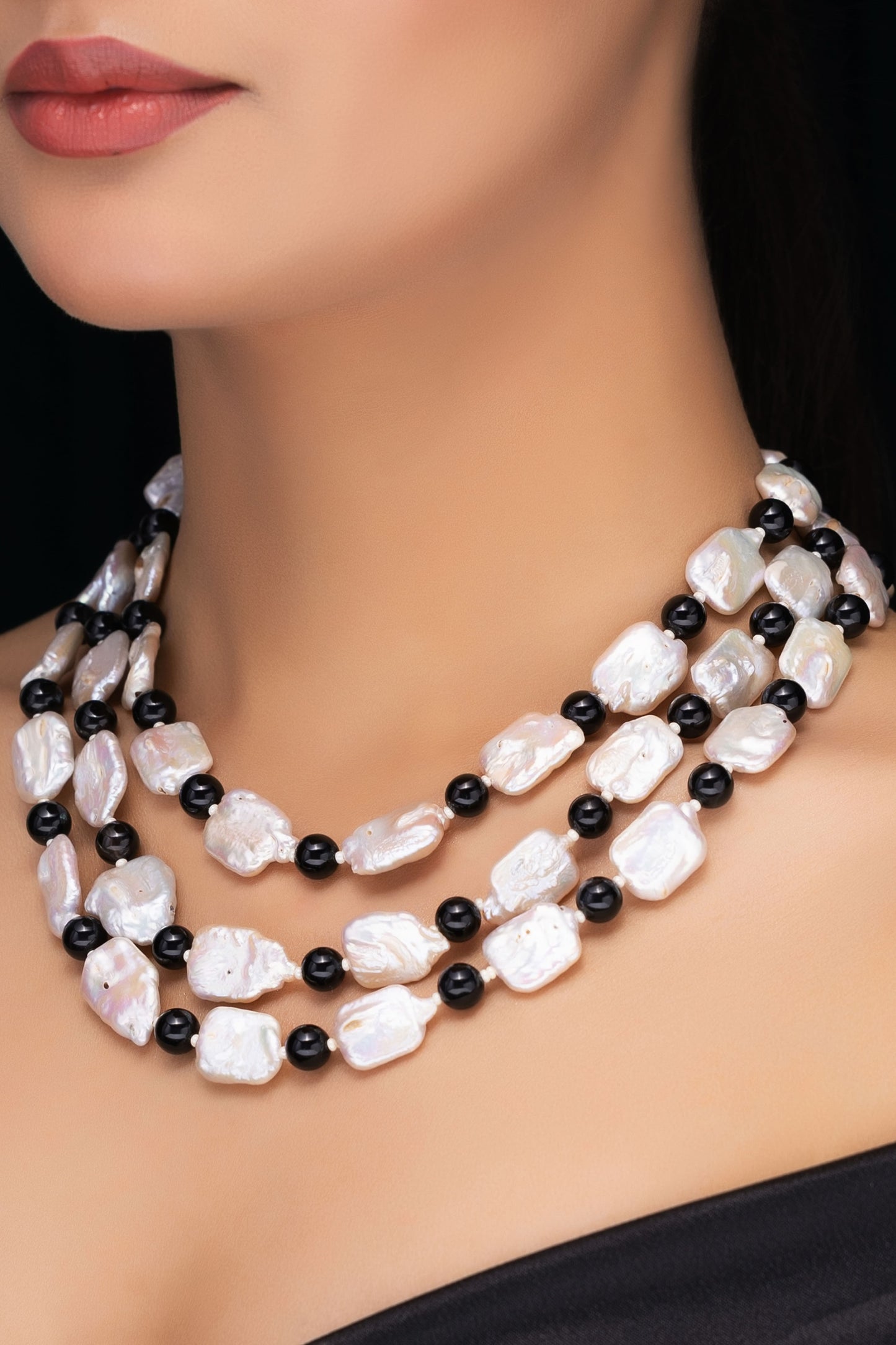 TRIPLE LINE FRESHWATER PEARL & SMOKY TOPAZ NECKLACE