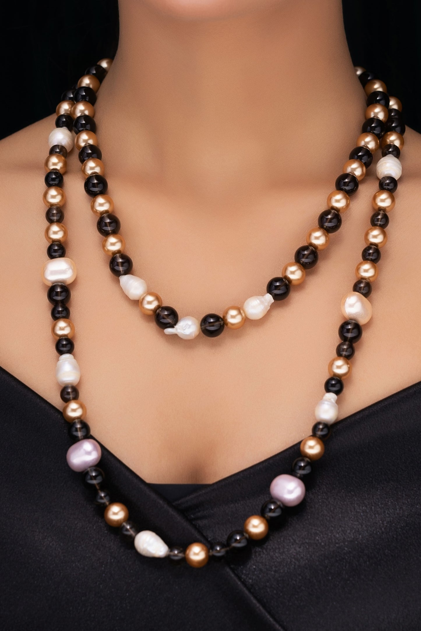 SMOKY TOPAZ, FRESHWATER PEARLS AND SHELL PEARL NECKLACE