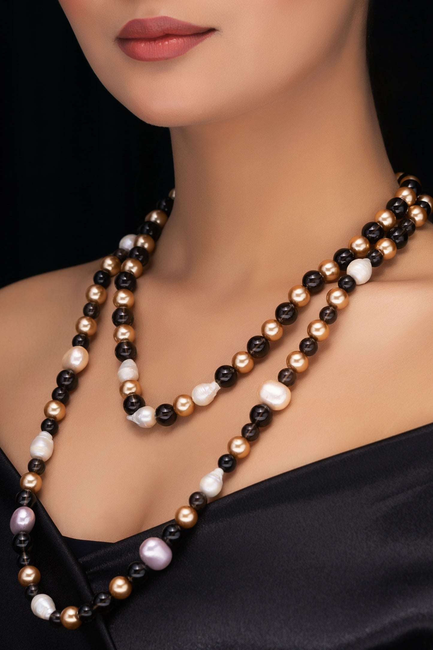 SMOKY TOPAZ, FRESHWATER PEARLS AND SHELL PEARL NECKLACE