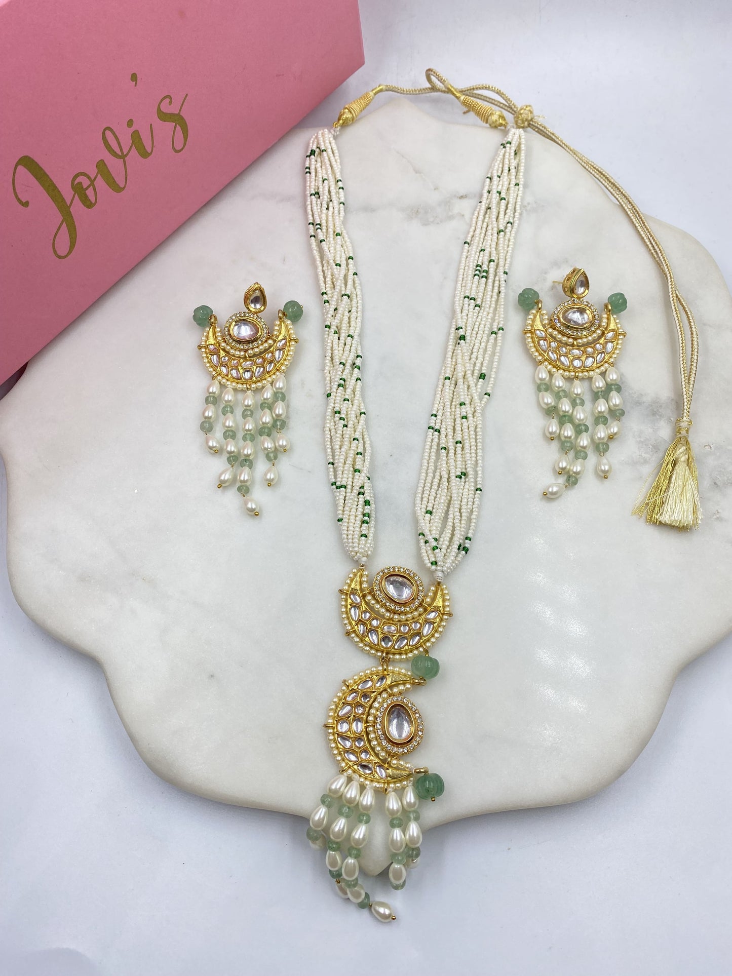 POLKI AND PEARL LONG NECKLACE WITH EARRINGS