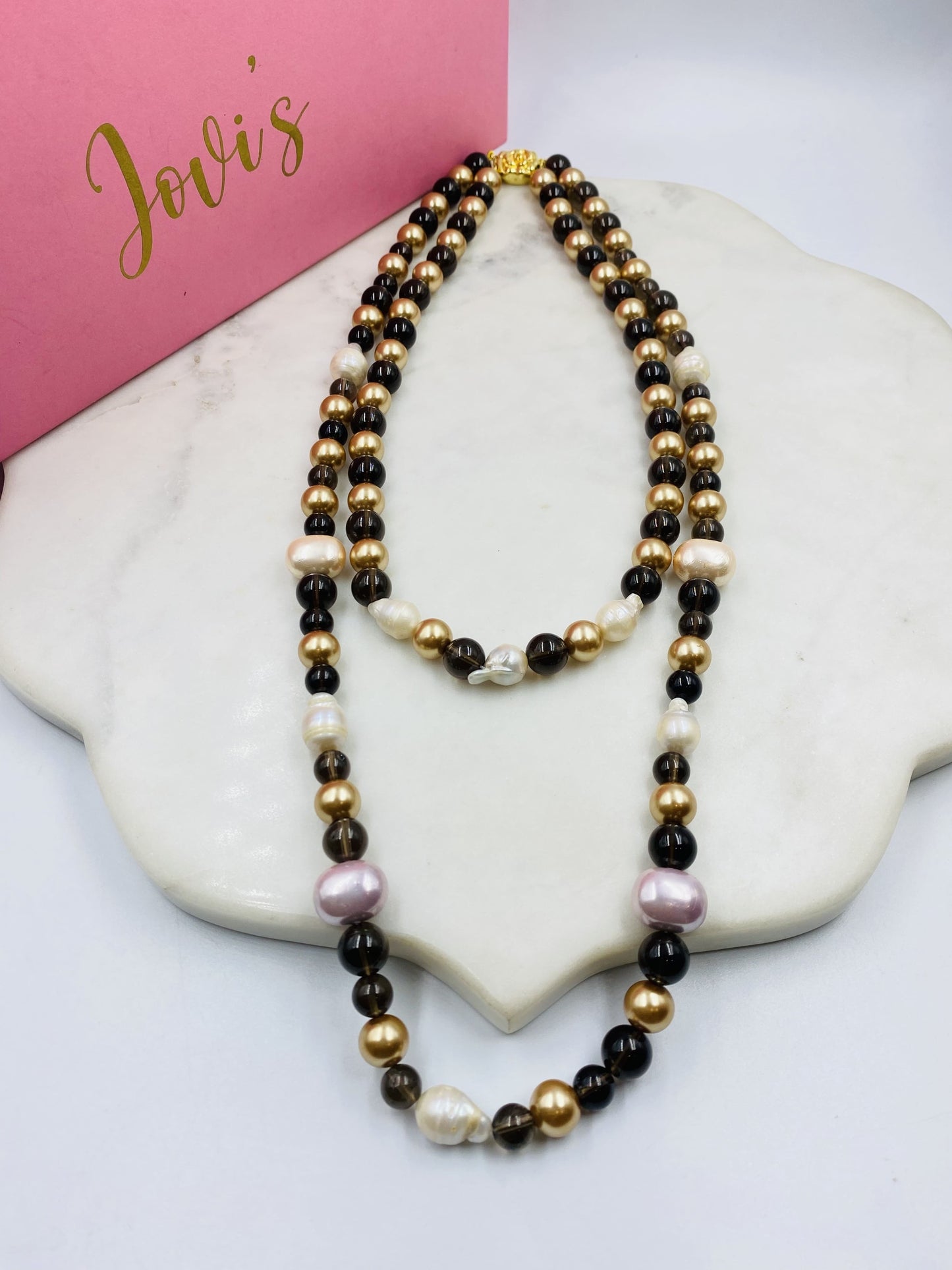 SMOKY TOPAZ, FRESHWATER PEARLS AND SHELL PEARL NECKLACE