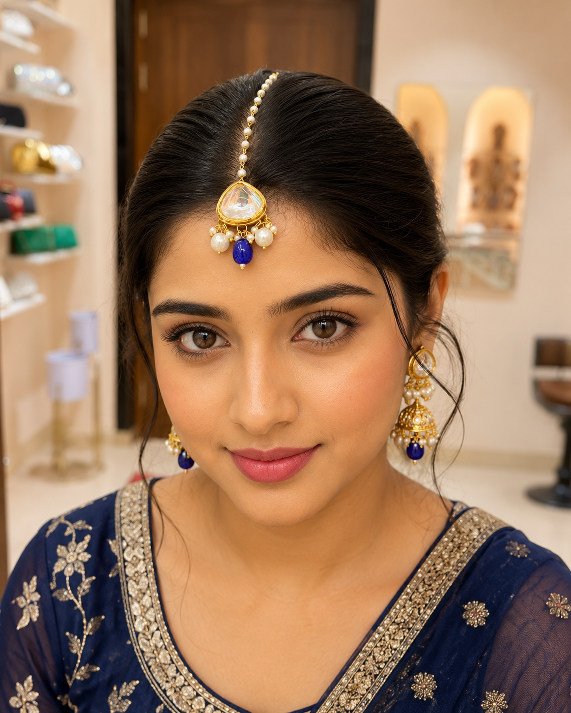 Kundan With Blue & White Pearl Drop