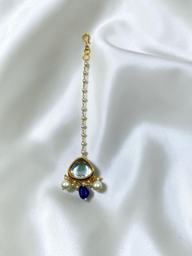 Kundan With Blue & White Pearl Drop
