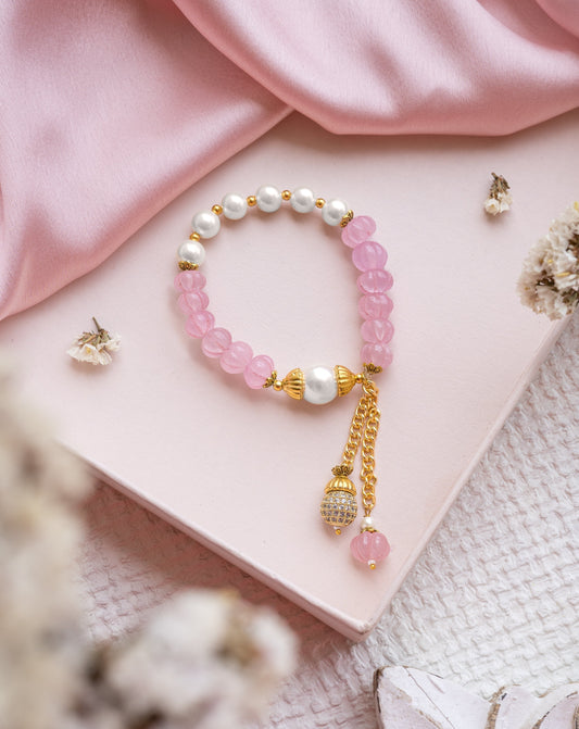 Rose Pink Pearl Bracelet with Tassels