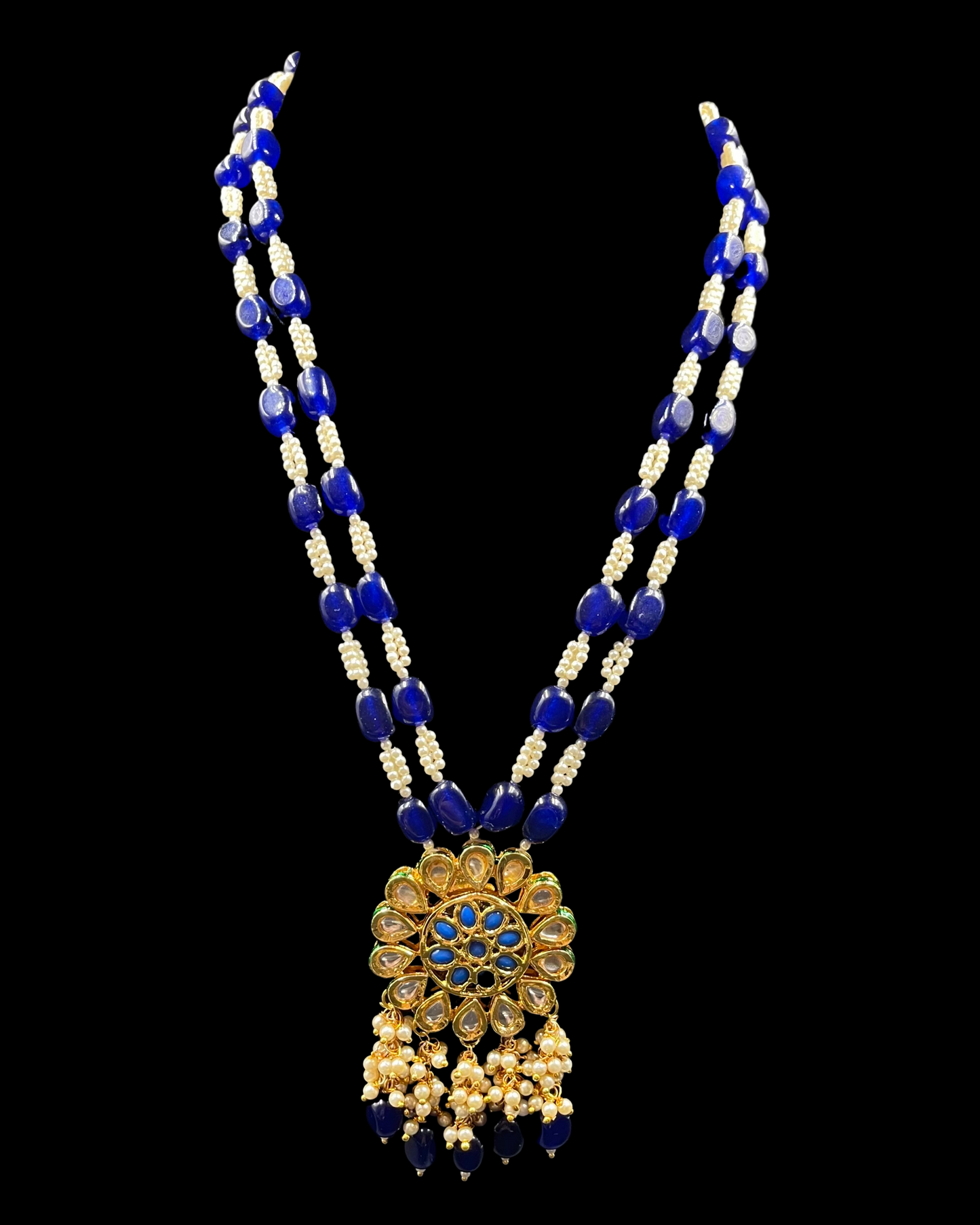 Blue Quartz Double Line Kundan Necklace with Pearls