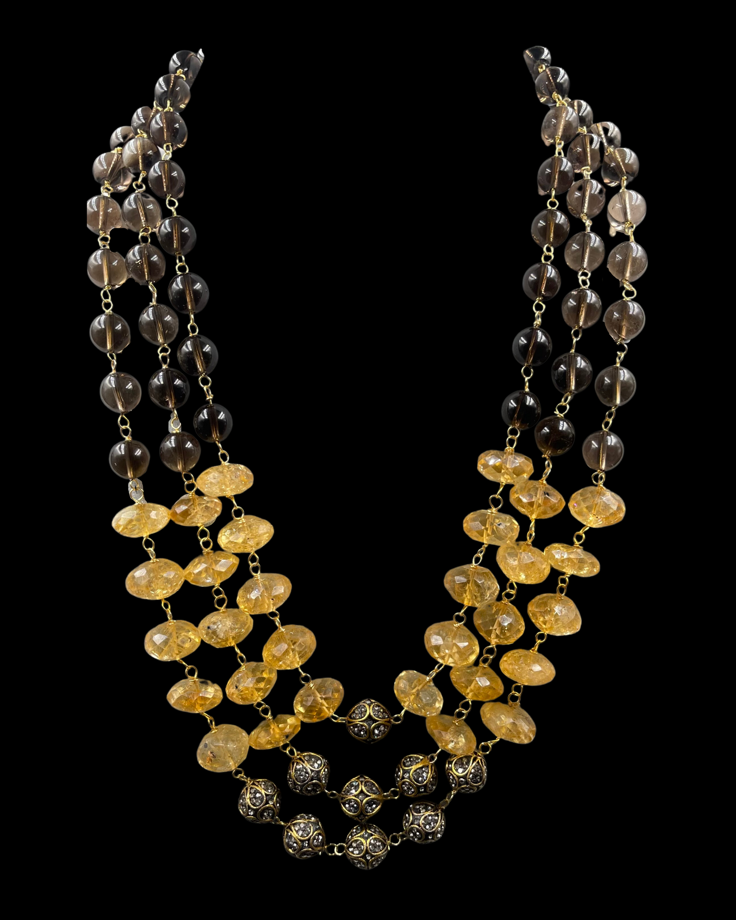 Topaz & Smoky Quartz Triple Line Necklace