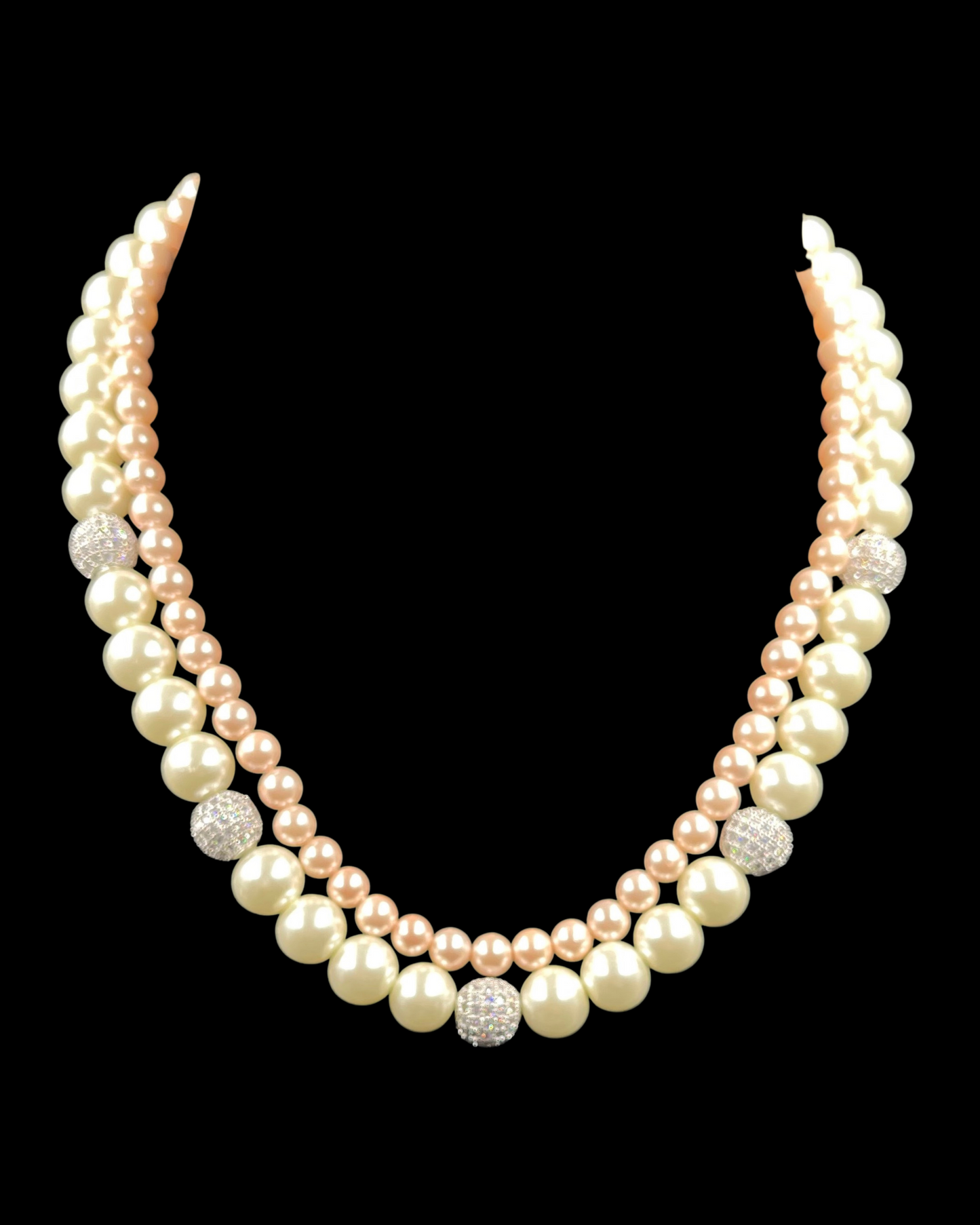 Double Line Pink & White Shell Pearl Necklace with Swarovski Crytals