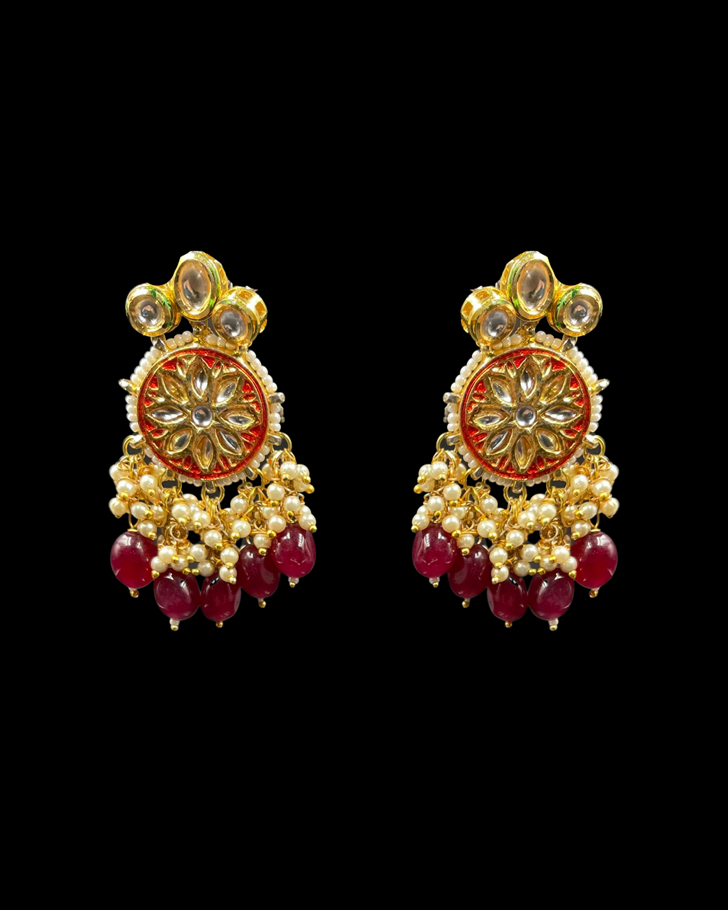 Red Quartz Intricate Kundan Earrings
