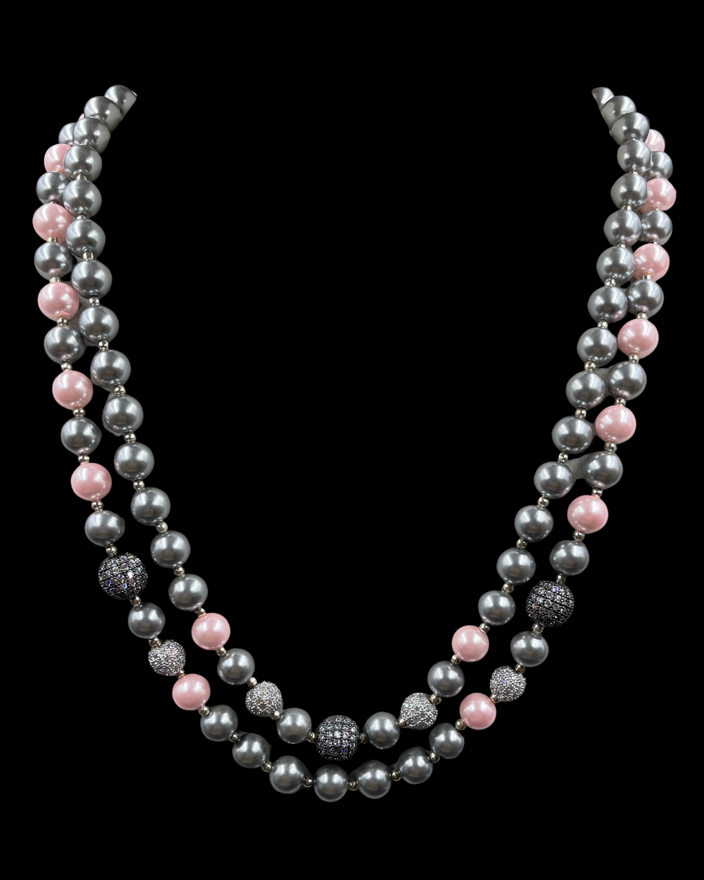 Double Line Grey & Pink Shell Pearl Necklace