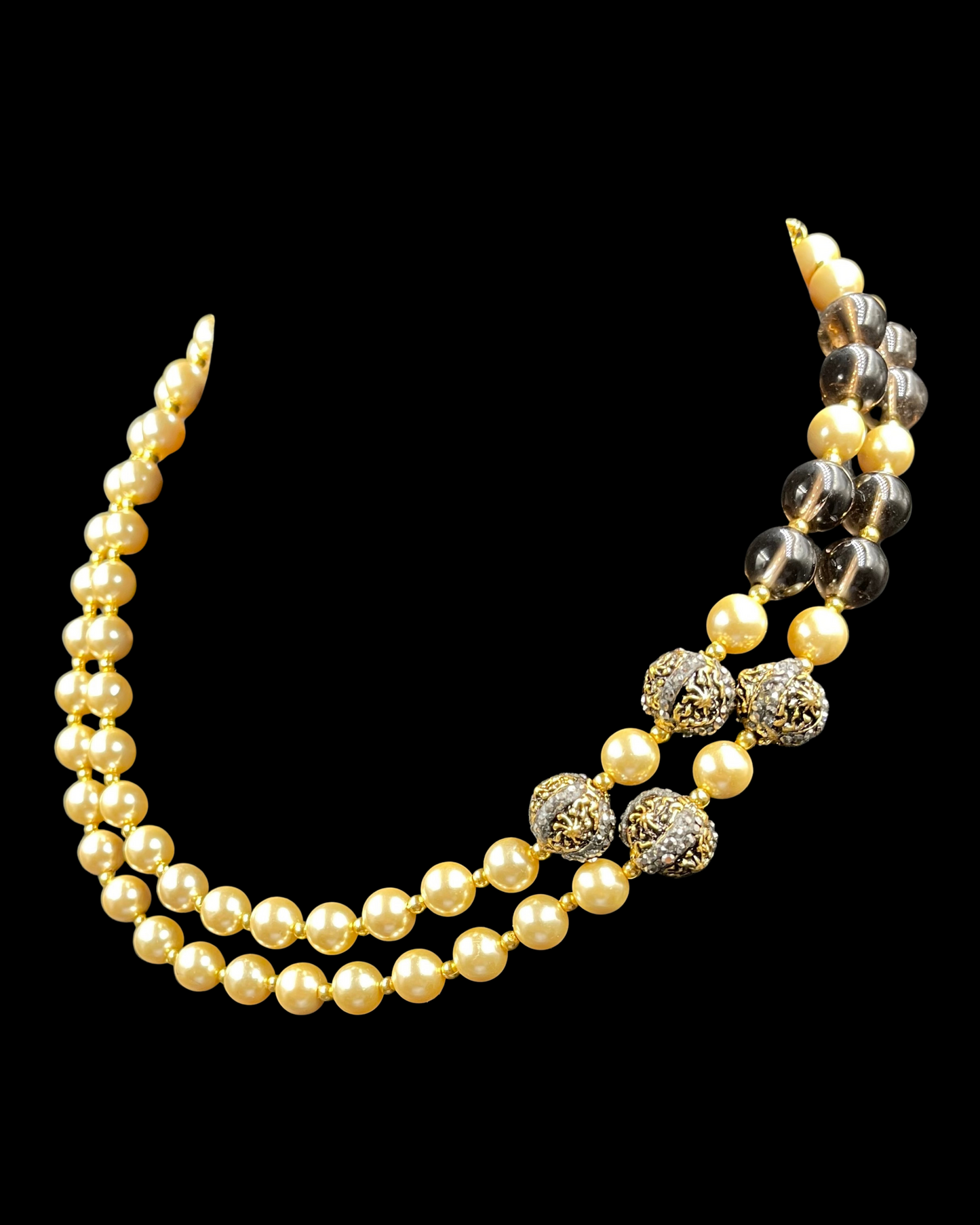 Double Line Shell Pearl and Smoky Topaz Necklace