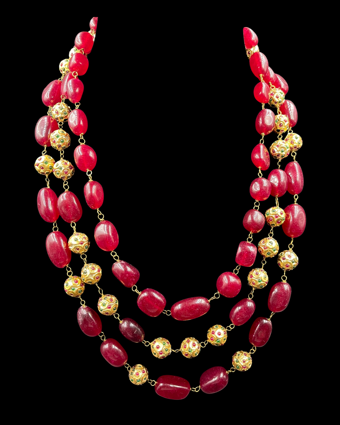 Triple Line Red Jade and Golden Accessories Necklace