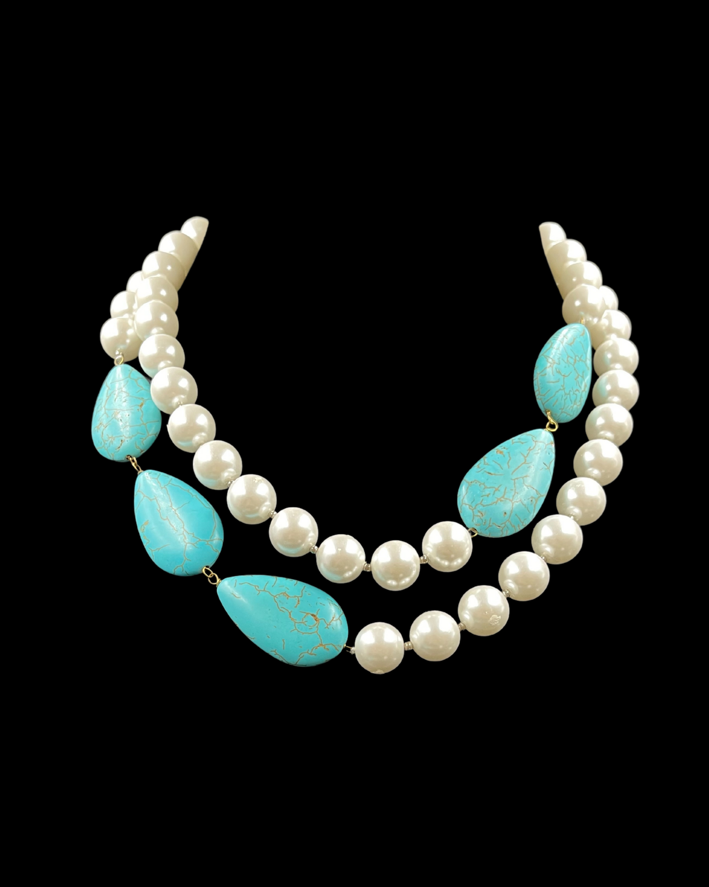 Shell Pearl & Turquoise Double Line Statement Necklace