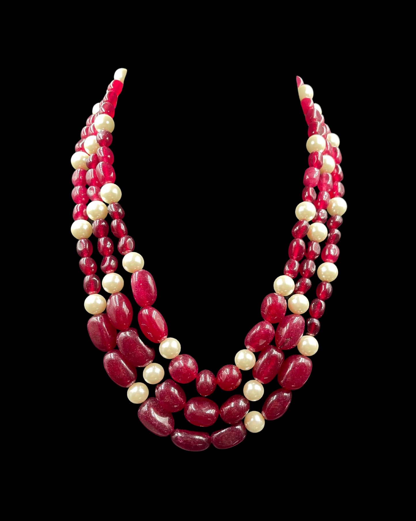 Red Jade & Quartz with Shell Pearls Triple Line Necklace with Earrings