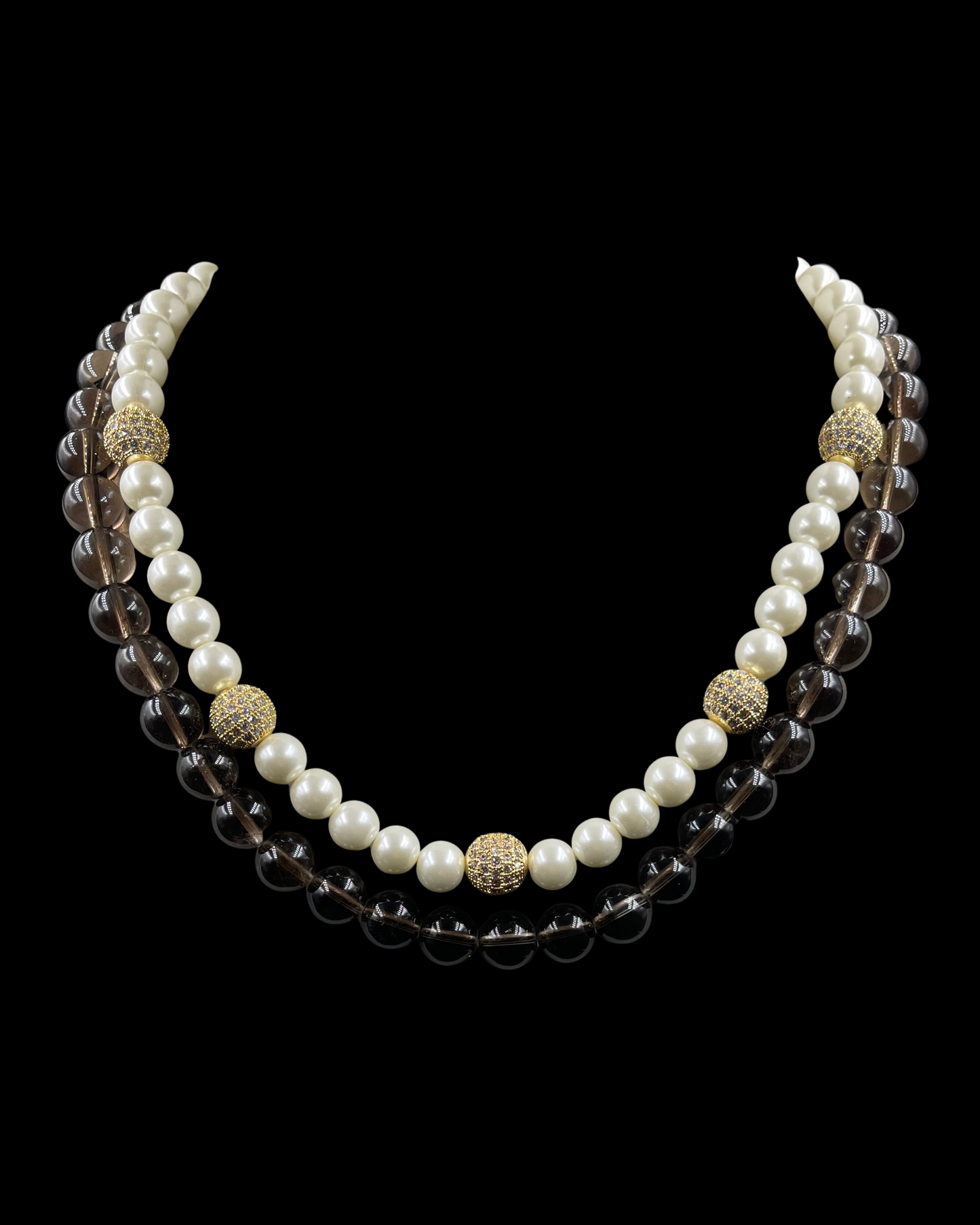 Double Line Smoky Topaz & White Shell Pearl Necklace with Swarovski Crytals