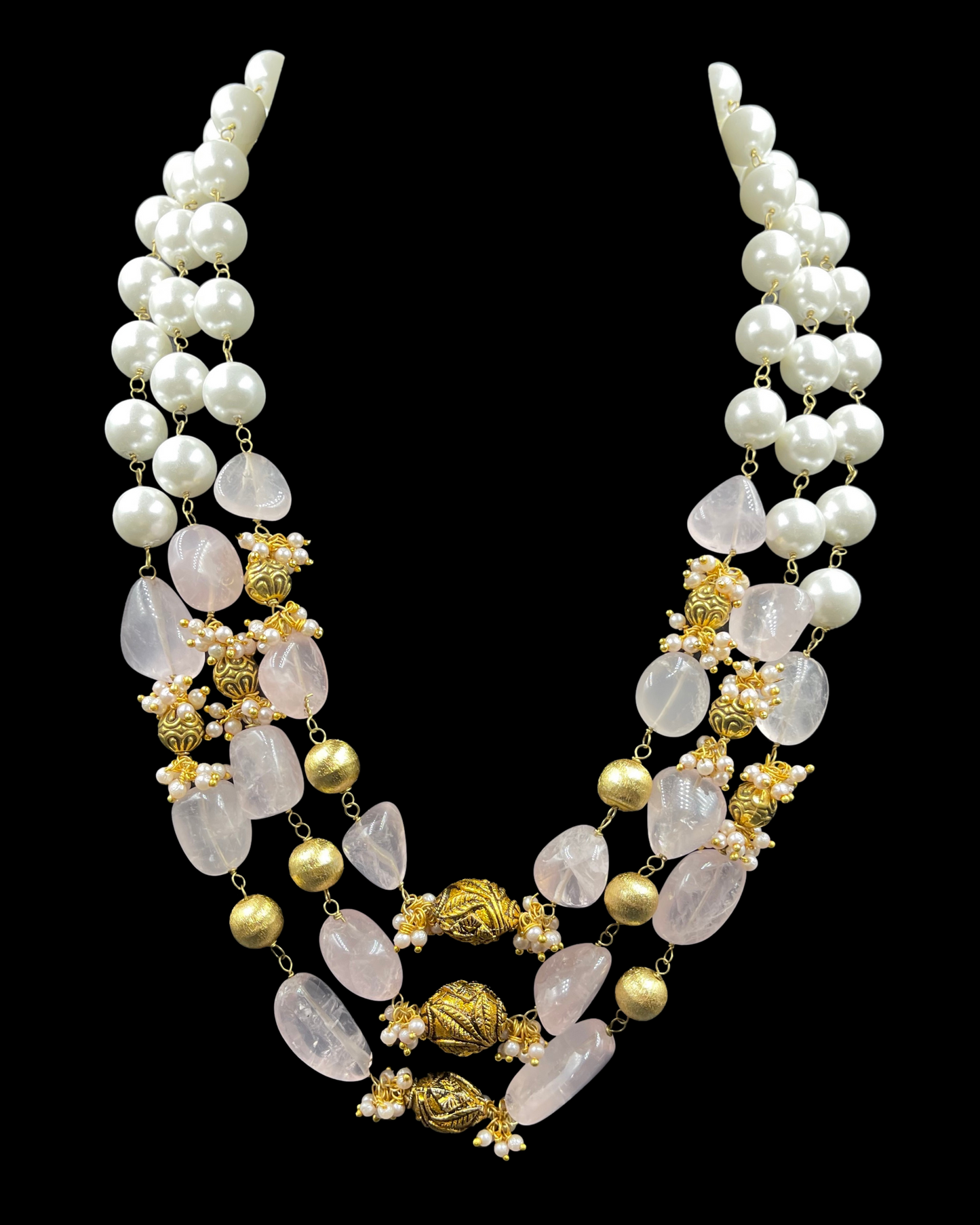 Statement Shell Pearl & Rose Quartz Triple Line Necklace