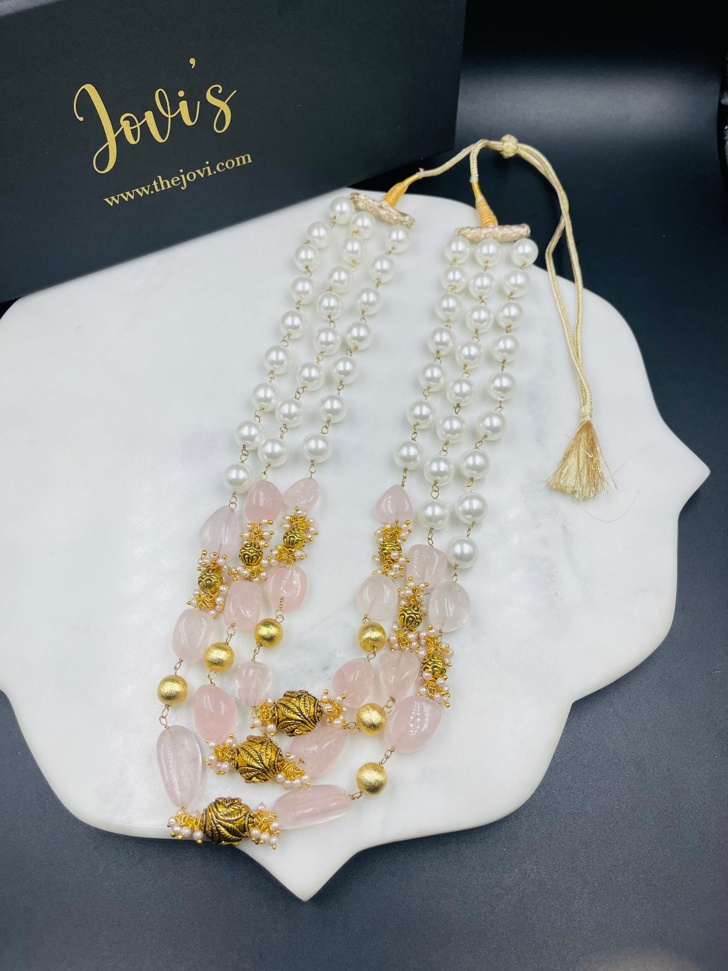 Statement Shell Pearl & Rose Quartz Triple Line Necklace