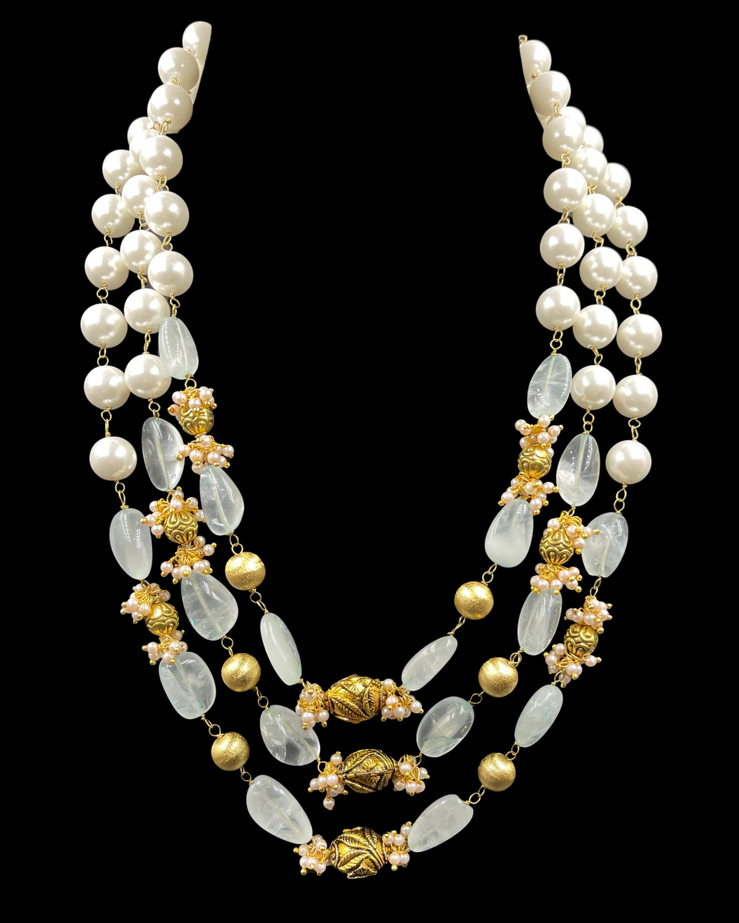 Statement Shell Pearl & Mint Quartz Triple Line Necklace