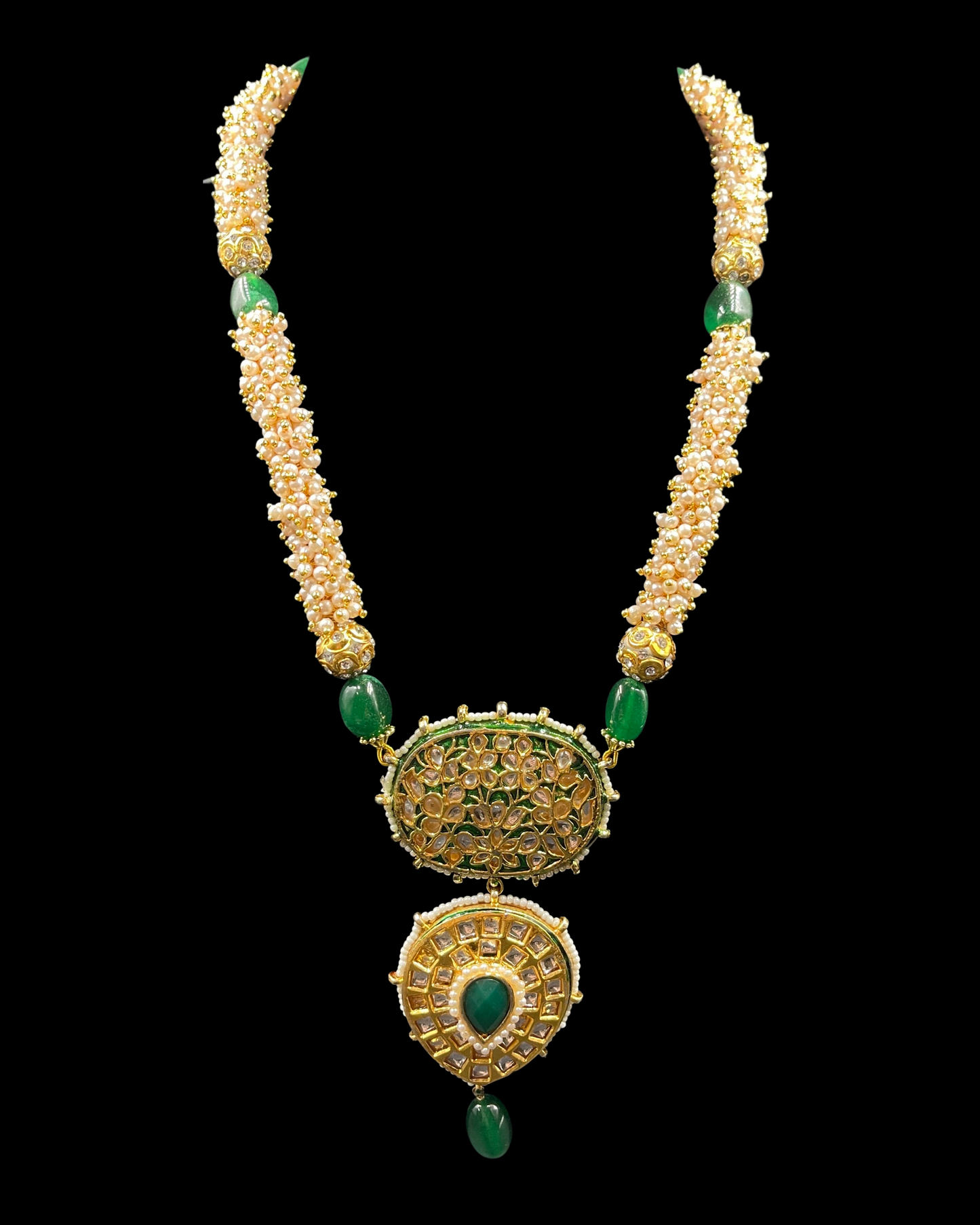 Statement Long Kundan Necklace with Pearl Gucchi String and Earrings