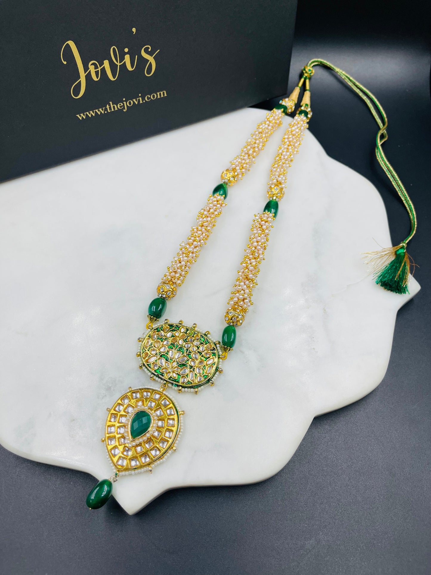 Statement Long Kundan Necklace with Pearl Gucchi String and Earrings