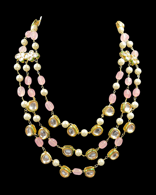 Triple Line Rose Quartz and Kundan Necklace