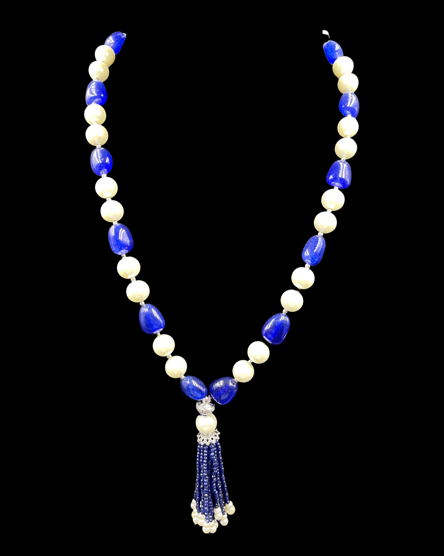 Classy Blue and Pearl Single Line Long Necklace with Tassels