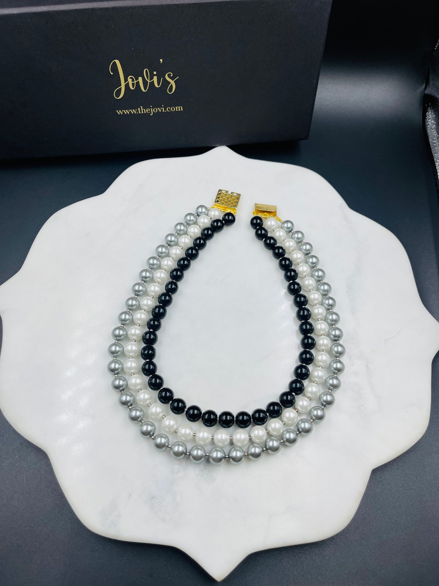 Shell Pearl & Onyx Triple Line Necklace