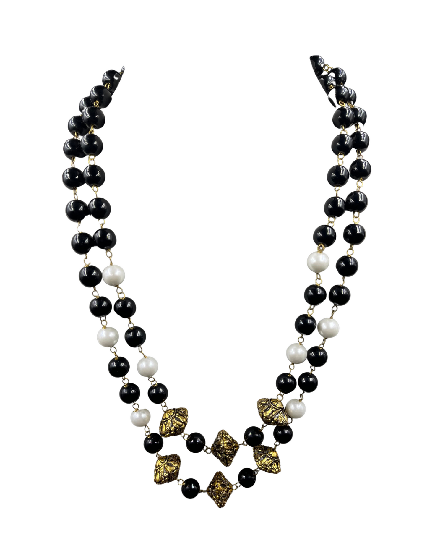 Shell Pearl & Onyx Double Line Necklace with Golden Accents