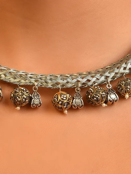 Silver Tone Handcrafted Hasli Necklace with Charms