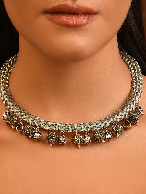 Silver Tone Handcrafted Hasli Necklace with Charms