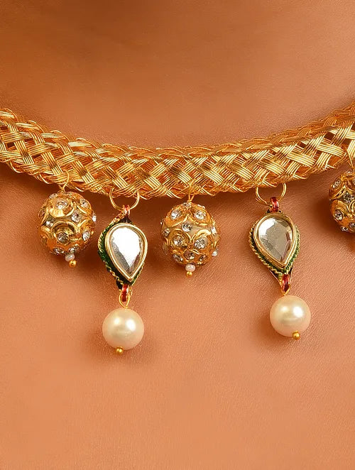 Gold Tone Handcrafted Hasli Necklace with Kundan Accents & Pearls