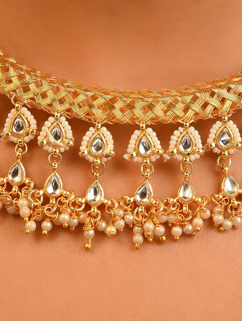 Gold Tone Kundan Hasli Necklace with Kundan Accents  & Pearls