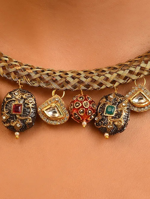 Red Green Gold Tone Handcrafted Hasli Necklace