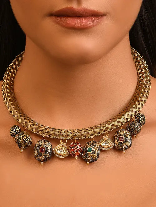 Red Green Gold Tone Handcrafted Hasli Necklace