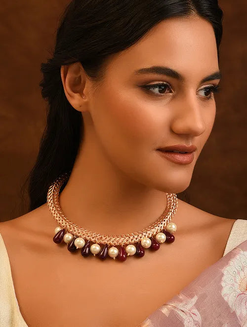 Rose Gold Tone Handcrafted Hasli Necklace with Pearls