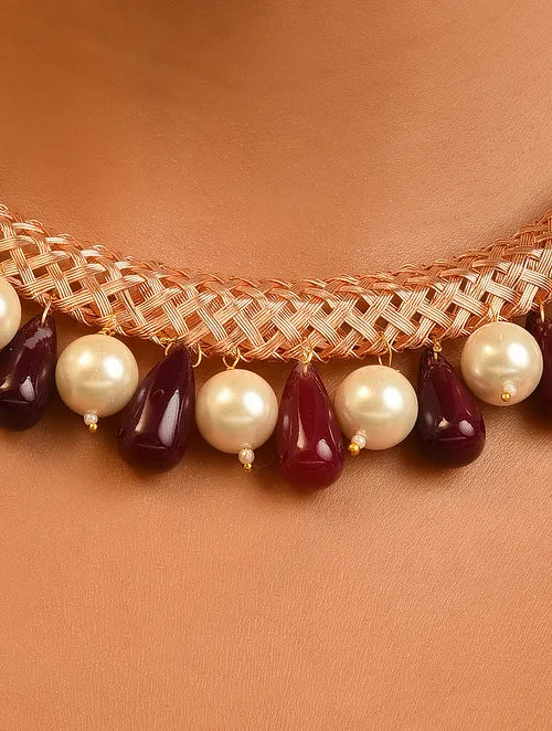 Rose Gold Tone Handcrafted Hasli Necklace with Pearls